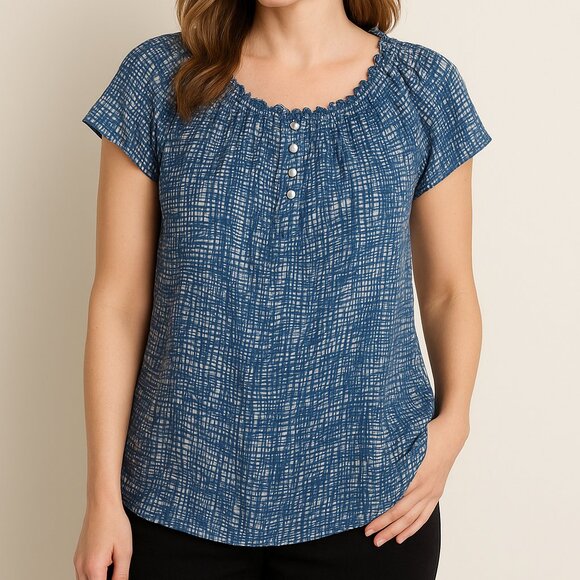 Talbots Blue Abstract Print Cotton Blouse Size Large - Picture 1 of 8